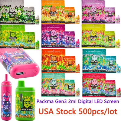 500pcs USA Stock Packman Gen3 Bag Disposable Vape 2g Digital LED Screen Display Empty Wholesale  01