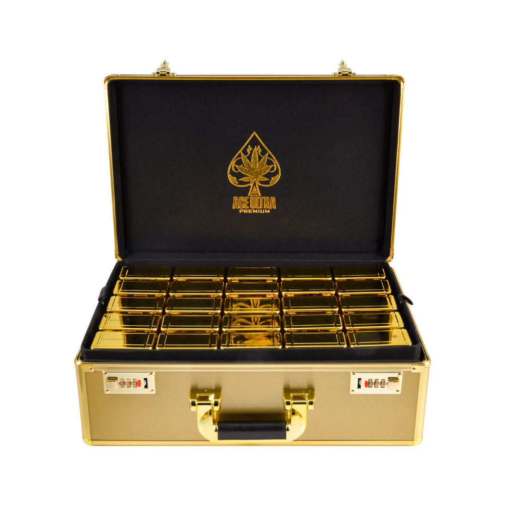 gold ace ultra premium 2g disposable vape pen with gold case, gold briefcase and gold box