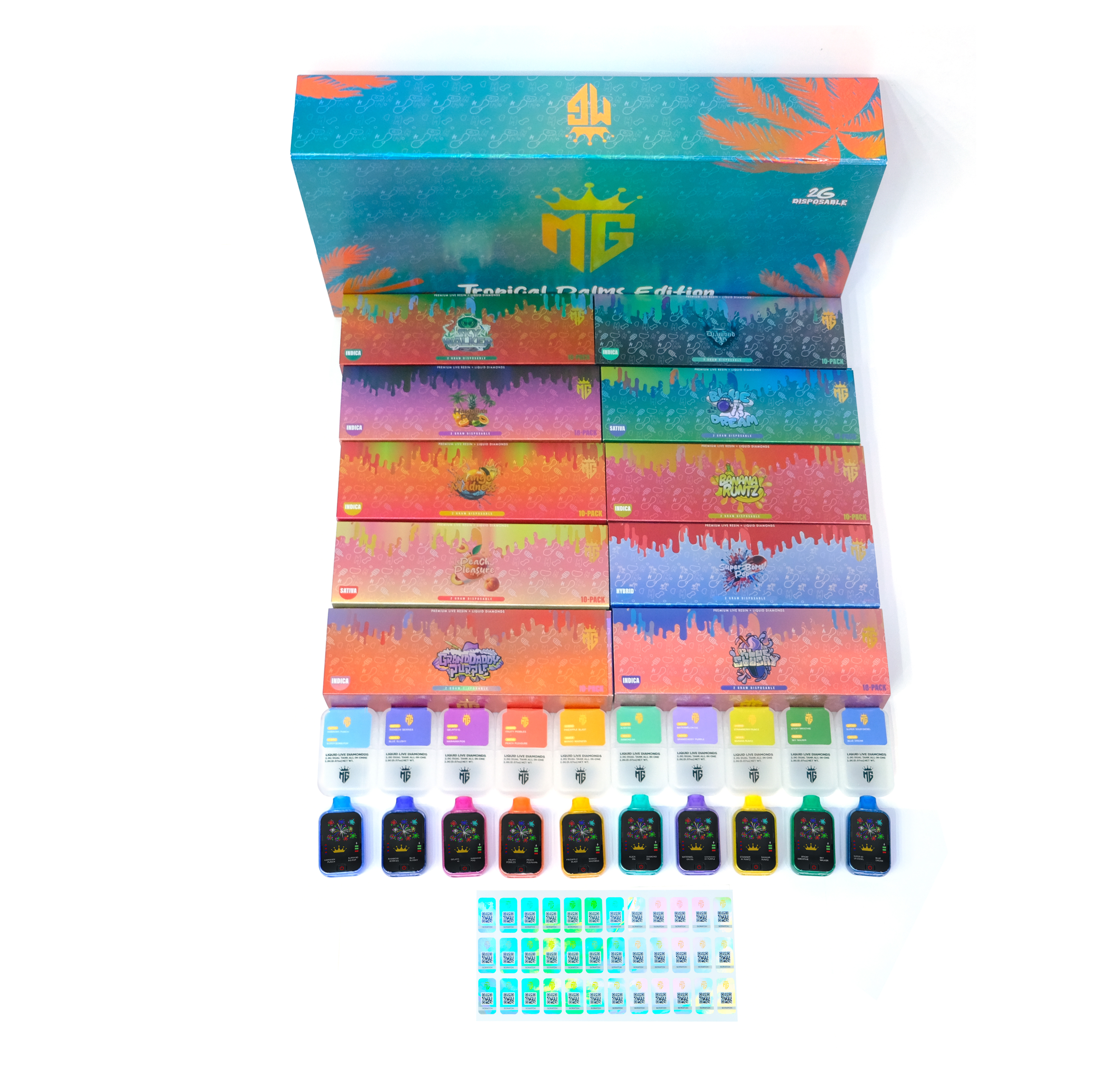 MG 2g tropical palms edition disposable vape pen with dual chamber/dual tank and led screen with firework and crown effects