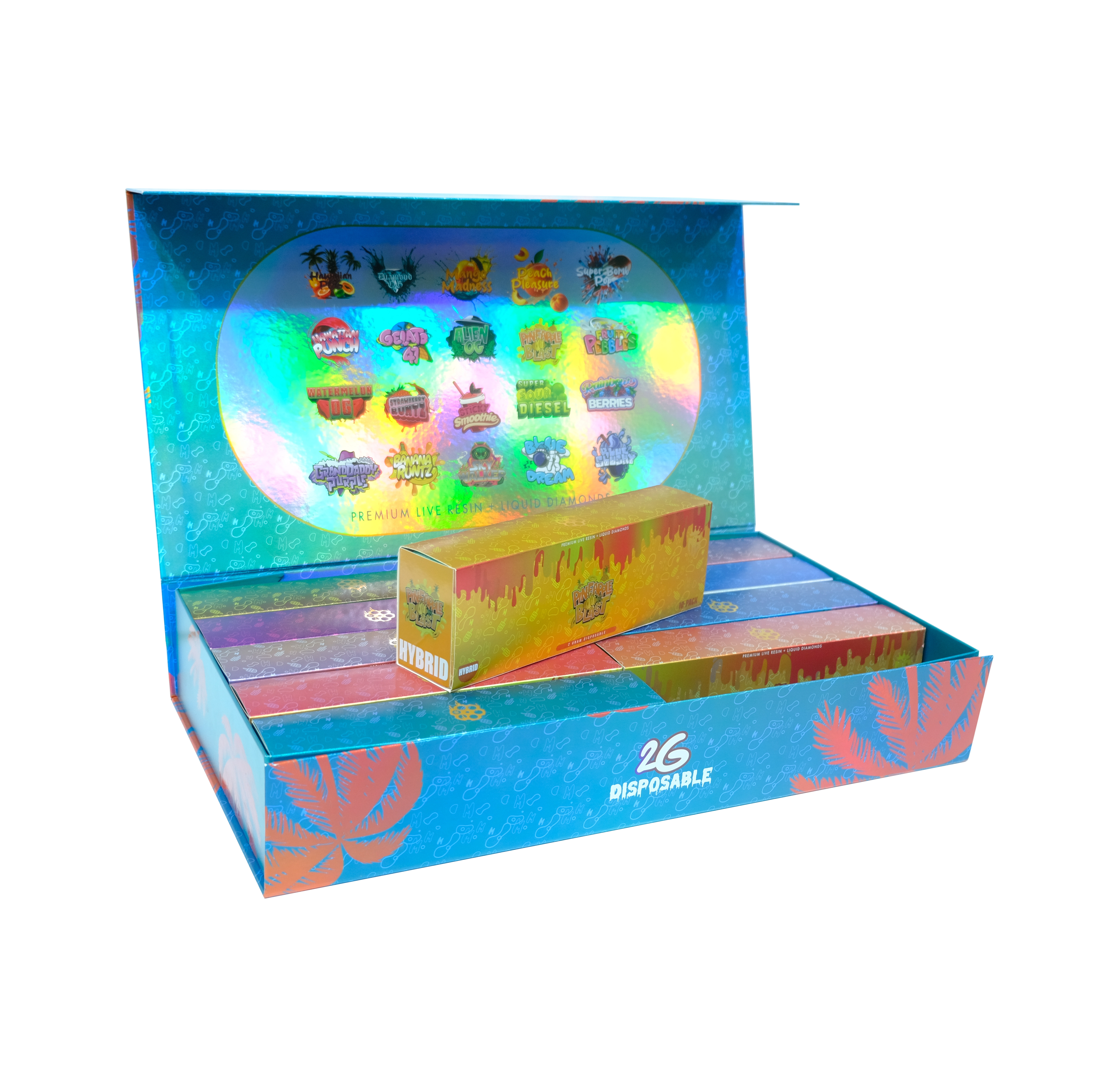 MG 2g tropical palms edition disposable vape pen with dual chamber/dual tank and led screen with firework and crown effects