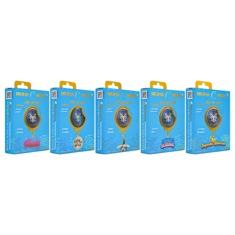 muha meds x cookies 2g disposable vape with blue packaging and golden vape pen, the muha meds cookies collab disposables are disc style with circle round shape.