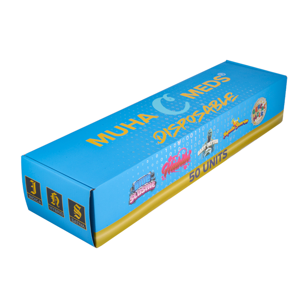 muha meds x cookies 2g disposable vape with blue packaging and golden vape pen, the muha meds cookies collab disposables are disc style with circle round shape.