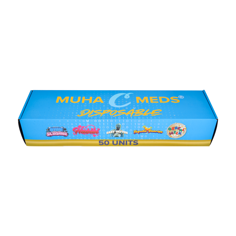 muha meds x cookies 2g disposable vape with blue packaging and golden vape pen, the muha meds cookies collab disposables are disc style with circle round shape.