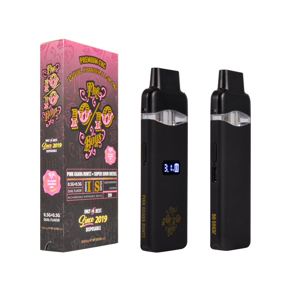 the 10/10 Boys 1g dual chamber disposable vape with LED screen
the 10/10 boys 1g dual chamber all in one disposable
the 1010 boys 1000mg premium THC disposable with dual tank
the 1010 boys 1g disposable with screen and dual tanks
the 10/10 boys 1 gram rechargeable dual flavor disposable 
