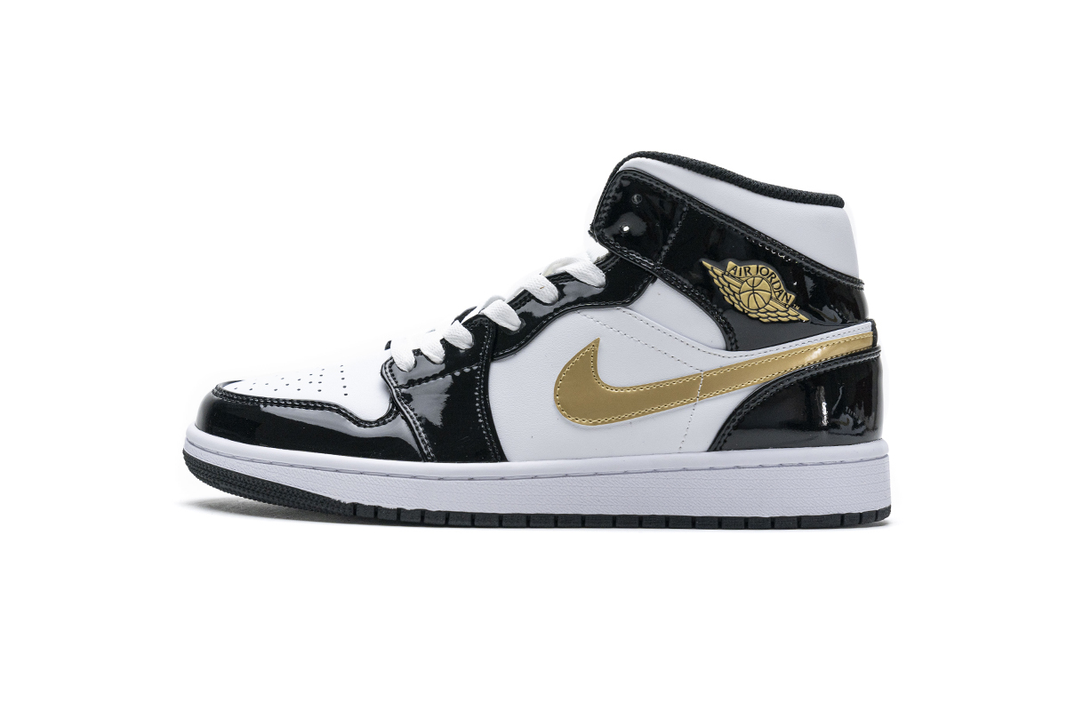 GET Air Jordan 1 Mid Patent Black White Gold