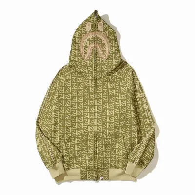 BAPE Logo Monogram Velour Shark Full Zip Hoodie Beige  01