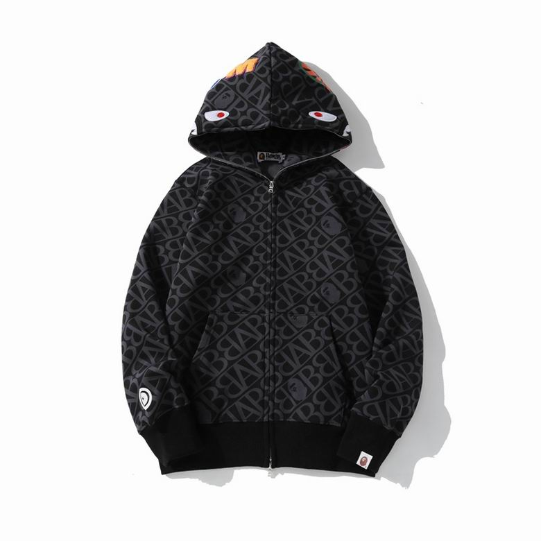 BAPE Logo Monogram Velour Shark Full Zip Hoodie Black 
