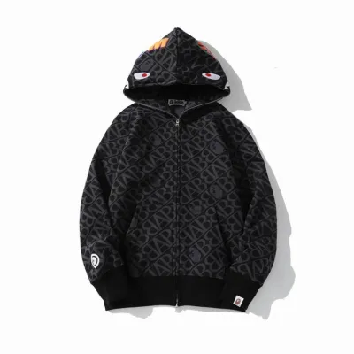 BAPE Logo Monogram Velour Shark Full Zip Hoodie Black  01
