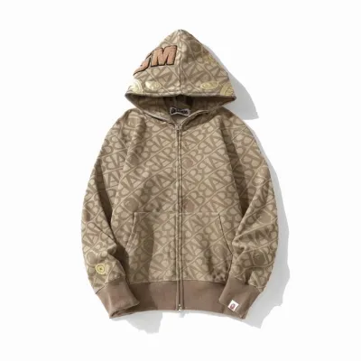 BAPE Logo Monogram Velour Shark Full Zip Hoodie Khaki   01