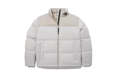 The North Face Splicing White And Double Pinyin White Long-sleeved down jacket 01