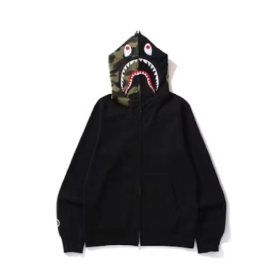 BAPE Shark Full Zip Hoodie Camo Hood Black  01