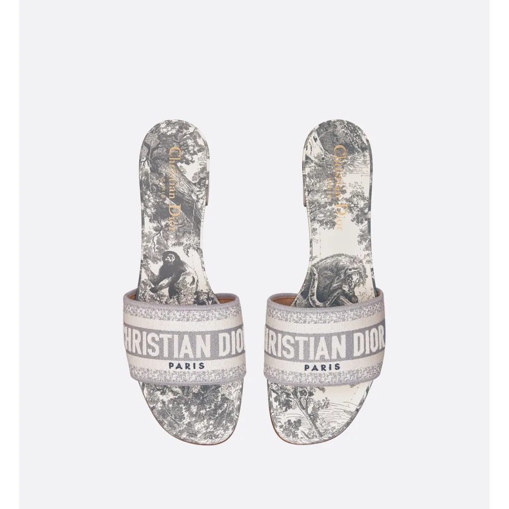 PKGoden DIOR Dway  Slide Heeled Mule Embroidered Cotton And Gray Toile De Jouy Pattern