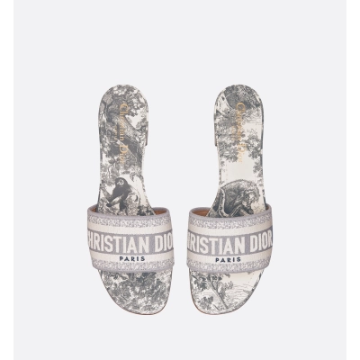 PKGoden DIOR Dway  Slide Heeled Mule Embroidered Cotton And Gray Toile De Jouy Pattern 01