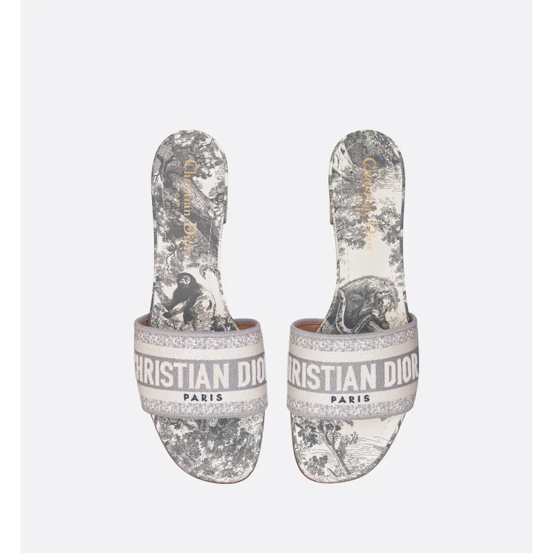 PKGoden DIOR Dway  Slide Heeled Mule Embroidered Cotton And Gray Toile De Jouy Pattern