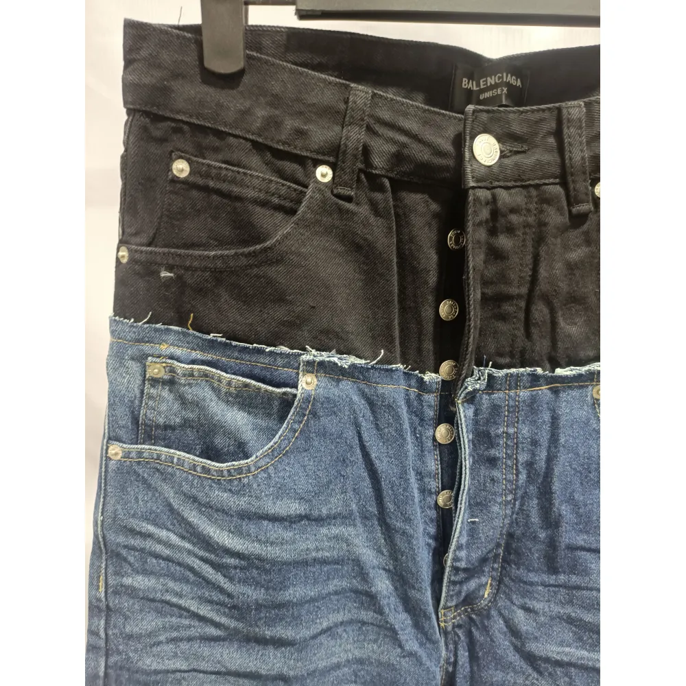 Balenciaga BLCG 24SS black and blue patchwork ripped denim Jeans