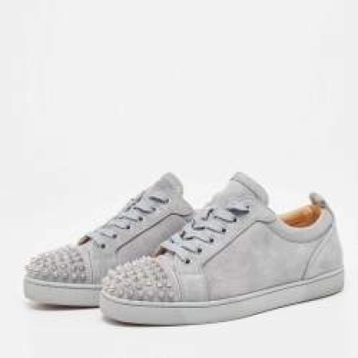PKGoden Christian Louboutin Grey Suede Louis Junior Spike Low Top Sneakers  01