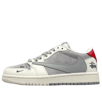 PKGoden Travis Scott x Stussy Air Jordan 1 Low White Grey Red 01