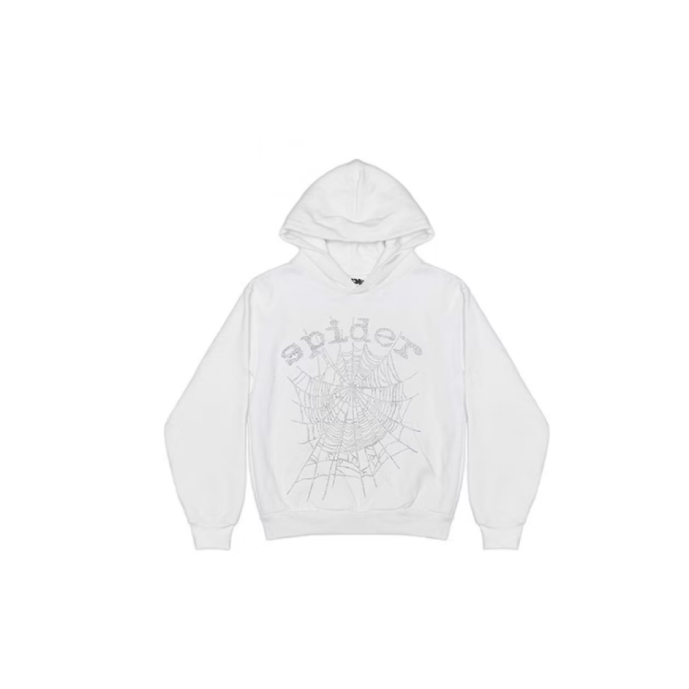 Sp5der OG Rhinestone Logo Hoodie White