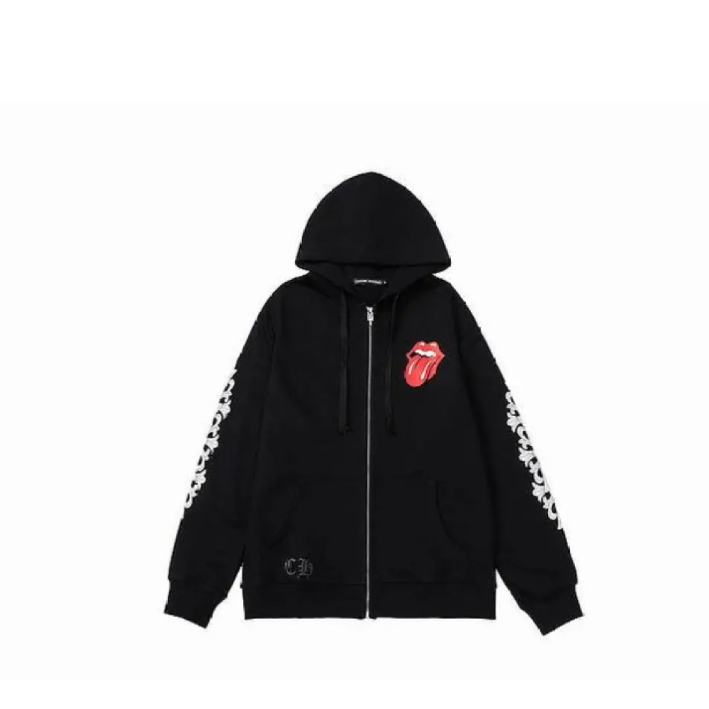 Chrome Hearts × The Rolling Stones Red Tongue Cross Zip Up Hoodie Black/Red