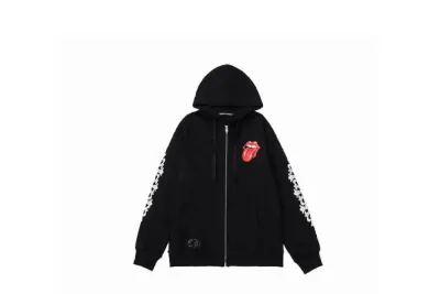 Chrome Hearts × The Rolling Stones Red Tongue Cross Zip Up Hoodie Black/Red 01