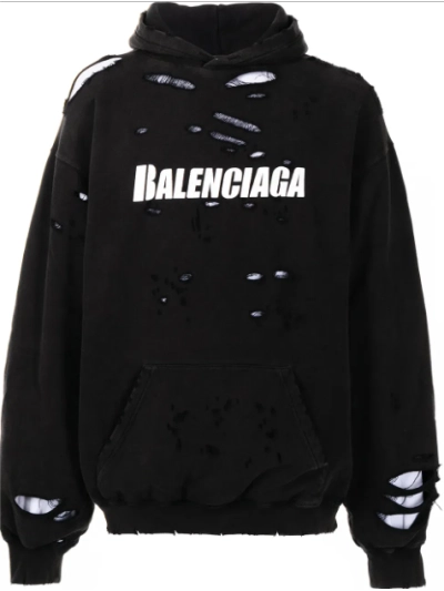 Balenciaga Caps Destroyed Hoodie Black 01