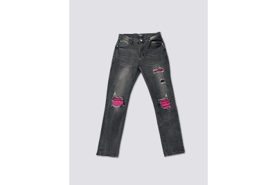 AMIRI New Washed Ripped Jeans with Pink Leather Finish, A022 01