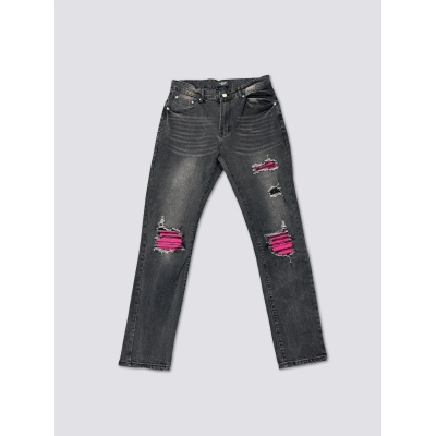 AMIRI New Washed Ripped Jeans with Pink Leather Finish, A022 01