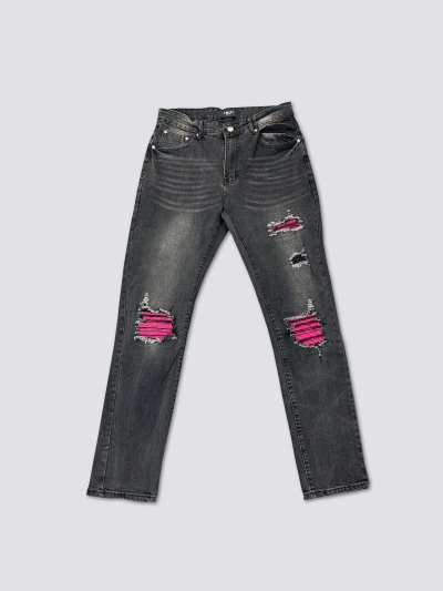 AMIRI New Washed Ripped Jeans with Pink Leather Finish, A022 01