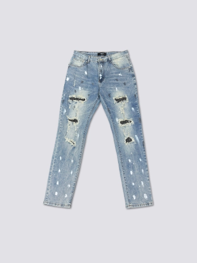 AMIRI New Washed Ripped Jeans with Silver Diamond Design,A033 01