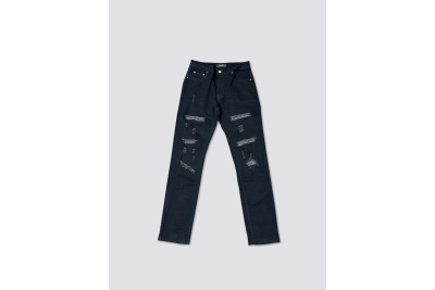 AMIRI washed denim with ink splatter and distressed details and silver rhinestone embellishments A011 01