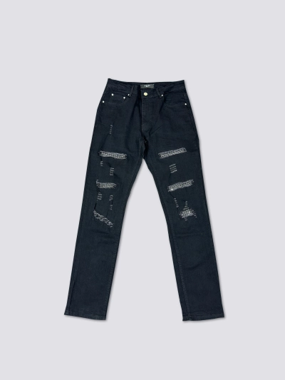 AMIRI washed denim with ink splatter and distressed details and silver rhinestone embellishments A011 01