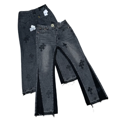 GALLERY DEPT. Cropped leather crossover flared jeans, washed and distressed patchwork denim G99 01
