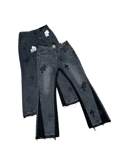 GALLERY DEPT. Cropped leather crossover flared jeans, washed and distressed patchwork denim G99 01