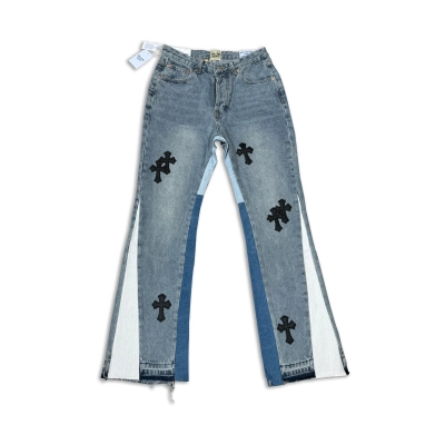 GALLERY DEPT. Cropped leather crossover flared jeans, washed and distressed patchwork denim jeans G00 01