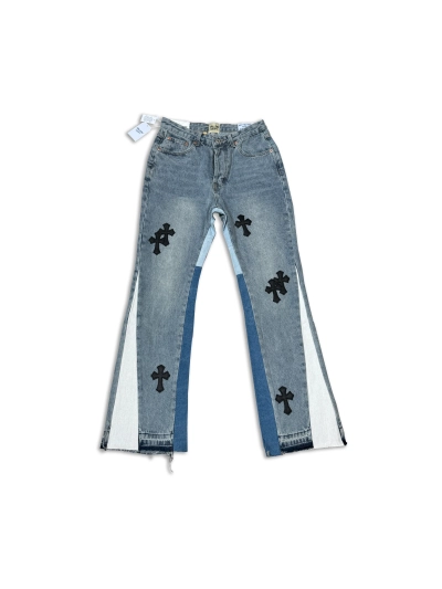 GALLERY DEPT. Cropped leather crossover flared jeans, washed and distressed patchwork denim jeans G00 01