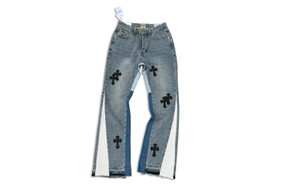 GALLERY DEPT. Cropped leather crossover flared jeans, washed and distressed patchwork denim jeans G00 02