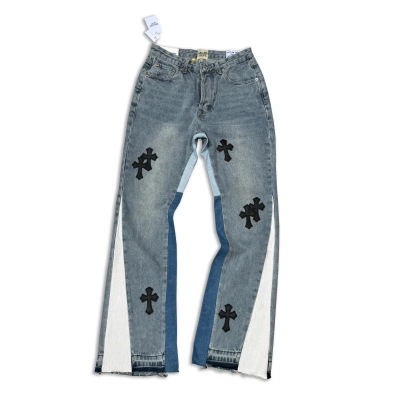 GALLERY DEPT. Cropped leather crossover flared jeans, washed and distressed patchwork denim jeans G00 02