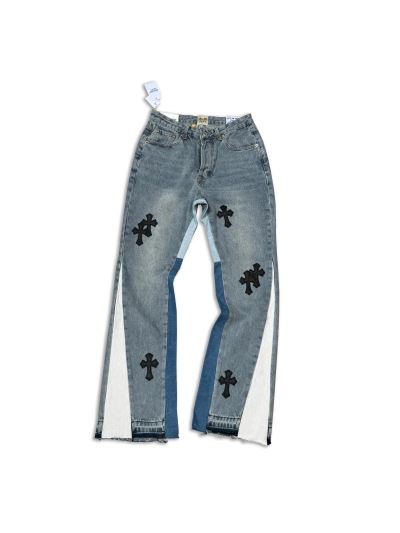 GALLERY DEPT. Cropped leather crossover flared jeans, washed and distressed patchwork denim jeans G00 02