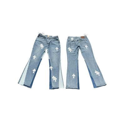 GALLERY DEPT. Cropped leather crossover flared jeans, washed and distressed patchwork denim jeans G92 01