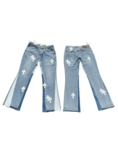 GALLERY DEPT. Cropped leather crossover flared jeans, washed and distressed patchwork denim jeans G92 01