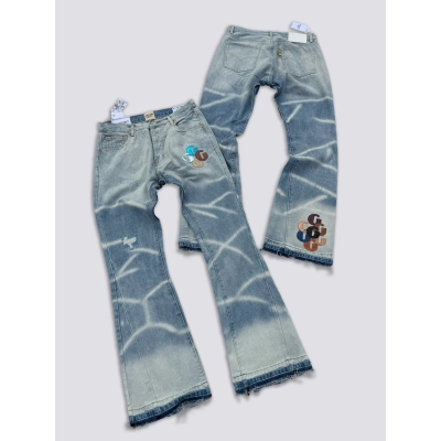 GALLERY DEPT. Denim patchwork, all-over print, distressed flared jeans with ripped leather patches, washed and vintage style G66 01