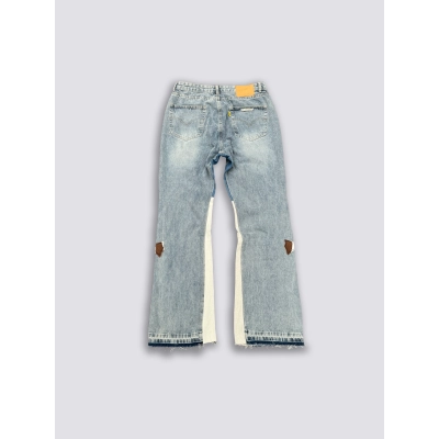 GALLERY DEPT. Denim patchwork cropped flared jeans with a washed and distressed look, featuring faux fur patchwork and leather upholstery GA004 02