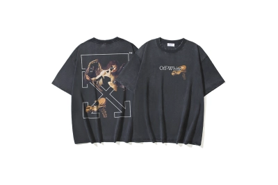 OFF-WHITE 100% Cotton Washed Distressed Double Yarn Heavyweight Cupid Arrow Print Short-Sleeve T-Shirt, Distressed Black #1337 01