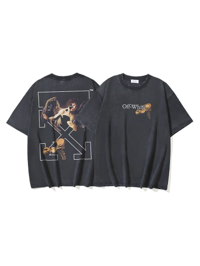 OFF-WHITE 100% Cotton Washed Distressed Double Yarn Heavyweight Cupid Arrow Print Short-Sleeve T-Shirt, Distressed Black #1337 01