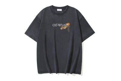 OFF-WHITE 100% Cotton Washed Distressed Double Yarn Heavyweight Cupid Arrow Print Short-Sleeve T-Shirt, Distressed Black #1337 02
