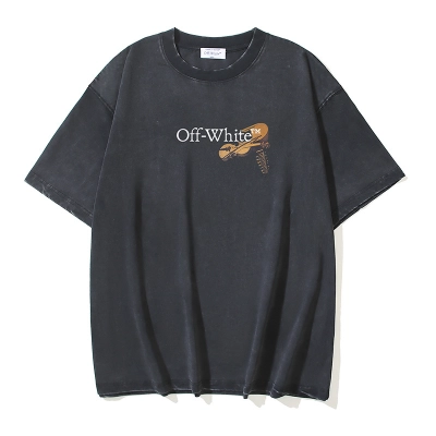 OFF-WHITE 100% Cotton Washed Distressed Double Yarn Heavyweight Cupid Arrow Print Short-Sleeve T-Shirt, Distressed Black #1337 02