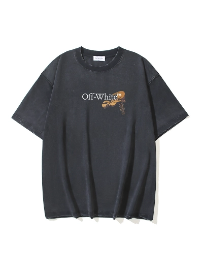 OFF-WHITE 100% Cotton Washed Distressed Double Yarn Heavyweight Cupid Arrow Print Short-Sleeve T-Shirt, Distressed Black #1337 02