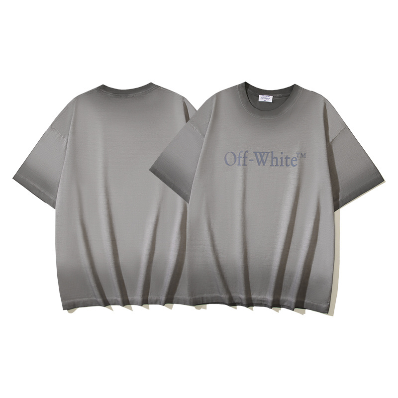 OFF-WHITE Washed Distressed Double Yarn Heavyweight Gradient Logo Print Short-Sleeve T-Shirt, Distressed Grey #1369