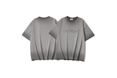 OFF-WHITE Washed Distressed Double Yarn Heavyweight Gradient Logo Print Short-Sleeve T-Shirt, Distressed Grey #1369 01