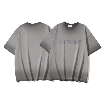 OFF-WHITE Washed Distressed Double Yarn Heavyweight Gradient Logo Print Short-Sleeve T-Shirt, Distressed Grey #1369 01